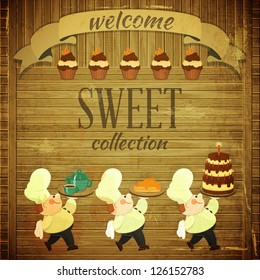Cafe Menu Card in Retro style - Cooks brought  Dessert on Wooden Grunge Background - Vector illustration