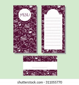 Cafe menu and card set template, background coffee and cake sketch