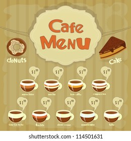 Cafe Menu Card with types of coffee and place for price, retro design, vector illustration