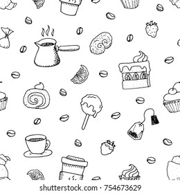 Cafe Menu Coffee Tea and Dessert Black on White Background Hand Drawn Doodle Vector Seamless Pattern