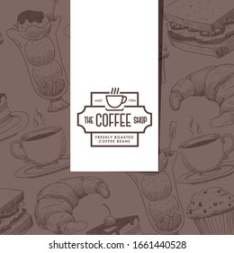 Café-Menüabdeckung, Kaffeehaus-Emblem, Verpackungspapier für Bäckereien, Vektorillustration-Illustration. Ikone des Kaffeehauses, grafische Zeichnungen von Tasse- und Backwaren, handgezeichnetes Croissant, Kuchen und Eisdiele