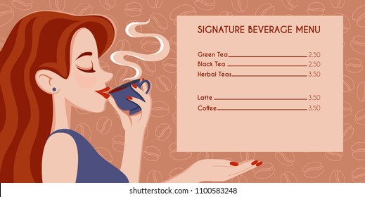 Cafe menu design. Beautiful Girl Drinking Tea or Coffee on background coffee beans pattern. Beauty cartoon Woman with the Cup of Hot Beverage. Warm Colors (Vector Art)