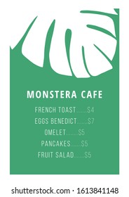 Cafe menu design with monstera element. Graphic vector illustration