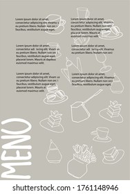 Cafe menu design with place for your text. Dessert menu template. Decorated with hand drawn cups, pots, glasses, cakes, pastry, flower vases on warm gray background