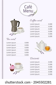 Cafe menu design with a sprig of lavender. Vector illustration.