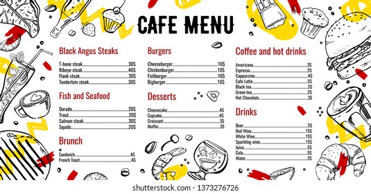 Cafe menu design template with list of steaks, fish,  burgers, drinks, coffee and deserts. Outline vector hand drawn sketch illustration with food black on white background with colorful graphics