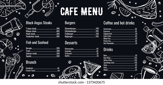 Cafe menu design template with list of meat, fish, burgers, drinks, coffee and desserts. Outline vector hand drawn sketch illustration with different food on on blackboard background