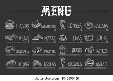 Cafe menu with food and drinks on chalkboard. Sketch of burger, wrap, croissant, hot dog, sandwich, pizza, pasta, coffee, tea, beer, cocktail, salad, soup, pastry, dessert. Hand drawn vector design