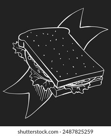 Cafe menu with food and drinks on chalkboard. Blackboard sketch of andwich. Hand drawn vector design
