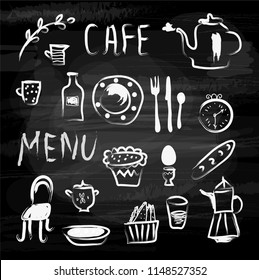 Cafe menu and food icons on the blackboard. Sketchy design, vector graphic illustration