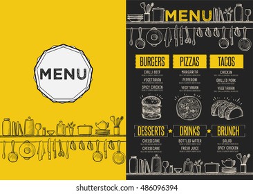 Folleto de la comida del menú del café, diseño de la plantilla del restaurante. Volante creativo de brunch con gráficos dibujados a mano. 