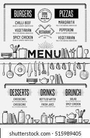 Cafe menu food placemat brochure, restaurant template design. Creative vintage brunch flyer with hand-drawn graphic. 