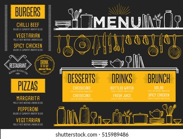 Cafe menu food placemat brochure, restaurant template design. Creative vintage brunch flyer with hand-drawn graphic. 