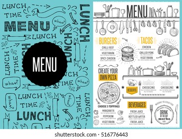 Cafe menu food placemat brochure, restaurant template design. Creative vintage brunch flyer with hand-drawn graphic. 