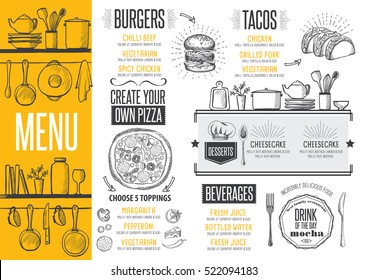 Cafe menu food placemat brochure, restaurant template design. Creative vintage brunch flyer with hand-drawn graphic. 