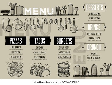 Cafe menu food placemat brochure, restaurant template design. Creative vintage brunch flyer with hand-drawn graphic. 