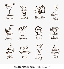 cafe menu hand draw icons on white