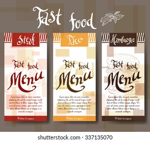 Cafe menu with hand drawn design. Fast food restaurant menu template. Set of cards for corporate identity. Vector illustration