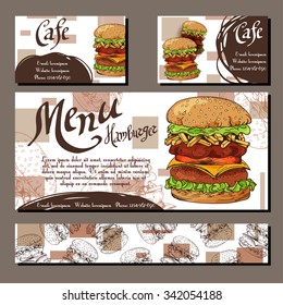 Cafe menu with hand drawn design. Fast food restaurant menu template with hamburger. Set of cards for corporate identity. Vector illustration
