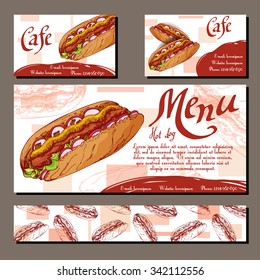 Cafe menu with hand drawn design. Fast food restaurant menu template with hot dog. Set of cards for corporate identity. Vector illustration