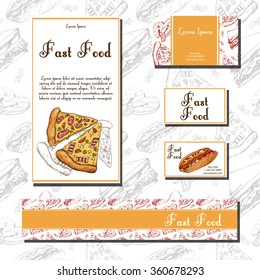 Cafe menu with hand drawn design. Fast food restaurant menu template. Set of cards for corporate identity. Vector illustration