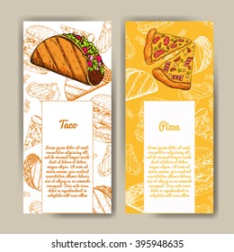 Cafe menu with hand drawn design. Fast food restaurant menu template. Set of cards for corporate identity. Vector illustration