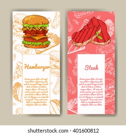 Cafe menu with hand drawn design. Fast food restaurant menu template. Set of cards for corporate identity. Vector illustration
