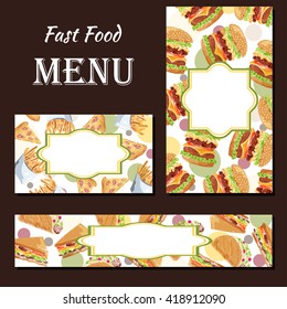 Cafe menu with hand drawn design. Fast food restaurant menu template. Set of cards for corporate identity. Vector illustration