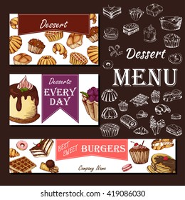 Cafe menu with hand drawn design. Dessert restaurant menu template. Set of cards for corporate identity. Vector illustration