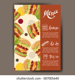 Cafe menu with hand drawn design. Fast food restaurant menu template. Card for corporate identity. Vector illustration