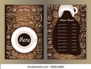 Cafe menu with hand drawn doodle elements and cup of coffee. Vector illustration for menu, posters, prints, banners, web design, covers