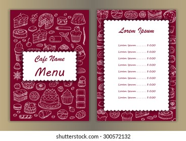 Cafe menu with hand drawn doodle elements. Vector illustration for menu, posters, prints, banners, web design, covers