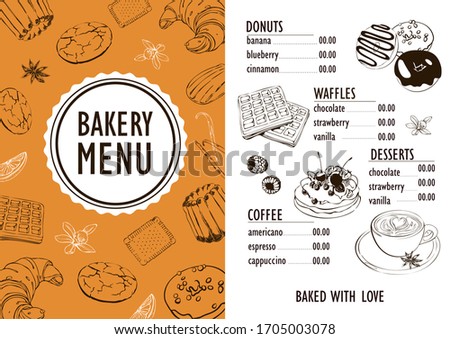 Cafe menu with hand drawn doodle desserts elements and cup of coffee. Vintage creative dinner flyer .Vector illustration for menu, posters, prints, banners, web design, covers