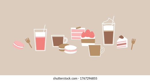 Cafe Menu Illustration Icons with cups of americano, latte, and strawberry juice, pieces of cake and macarons 
