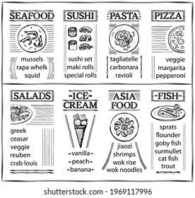 Cafe menu list with seafood, sushi, pasta, pizza, salads, ice-cream, asia food and fish dish, hand drawn graphic sketch illustration