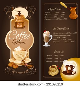 Cafe menu list template with hot ice coffee desserts elements and ornament vector illustration