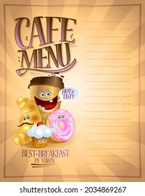 Cafe menu list vector design with copy space for text. Coffee, croissant, muffin and donut symbols as a cartoon personages.