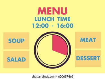 Cafe menu lunch time for soup meat salad dessert 