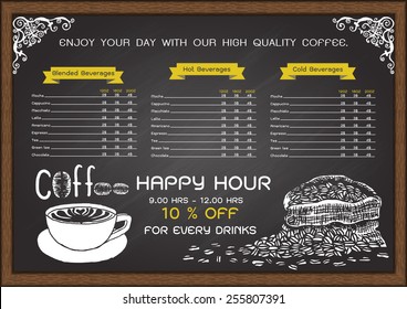 Cafe menu on chalkboard design template with hand drawn a cup of hot coffee and a bag of coffee beans.