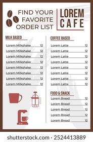 Menú de cafetería Lista de pedidos Diseño de Plantilla 