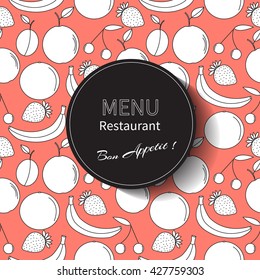 Cafe menu restaurant brochure. Food design template. Fresh summer fruits pattern and circle frame. Vector illustration