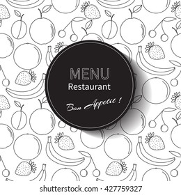 Cafe menu restaurant brochure. Food design template. Fresh summer fruits pattern and circle frame. Vector illustration
