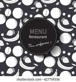 Cafe menu restaurant brochure. Food design template. Fresh summer fruits pattern and circle frame. Vector illustration