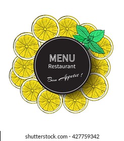 Cafe menu restaurant brochure. Food design template. Fresh summer fruits pattern and circle frame. Vector illustration