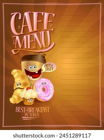 Cafe Menü Schild Design Mockup mit leeren Platz für Text und Kaffee, Croissant, Muffin und Donut Cartoon Persönlichkeiten
