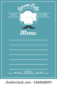 Cafe menu template. Bakery or restaurant menu or brochure template design with chef hat and mustache vector illustration