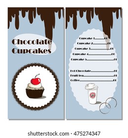 Cafe menu template with chocolate cupcake illustration in retro style. Vector sweet cakes. Eco food. Cake tee-shirt graphic. Cartoon icons. 