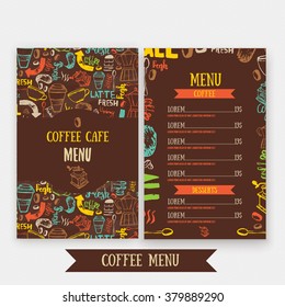 Cafe Menu Template Design With Lettering For Coffee Shop. Hand Drawn Cafe Menu Design. Modern Hipster Colorful Cafe Menu. Vector Illustration Of Cafe Menu