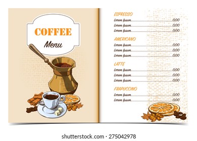 Cafe menu template. Front page with old-fashioned tools for making good coffee and coffee seasoning and a sample menu page with a price list. Painted sketch style. EPS10 vector illustration.
