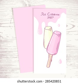 Cafe menu template with hand drawn fruity ice cream and drops. Vector illustration. Sweet shop background with place for text
